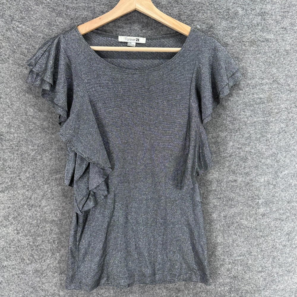 Forever 21 Blouse Women M Medium Gray Short Sleeve Round Neck Pullover Casual